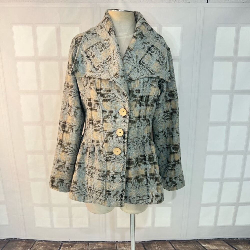 Nick & Mo Plaid Damask Wide Lapel 3 Button Flare Hem Jacket Size Large